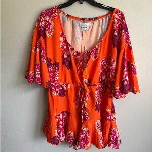 Hello Molly Orange Pink Floral Tassel Tie Bell Sleeve Romper Womens 2 Coastal